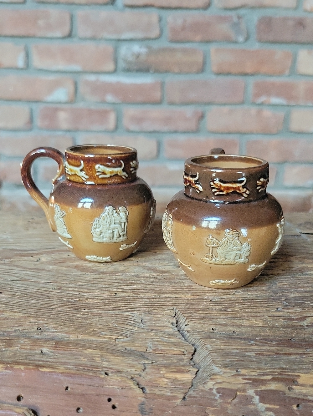 Antique Royal Doulton Lambeth Stoneware Harvest Miniature Pitchers Set of 2